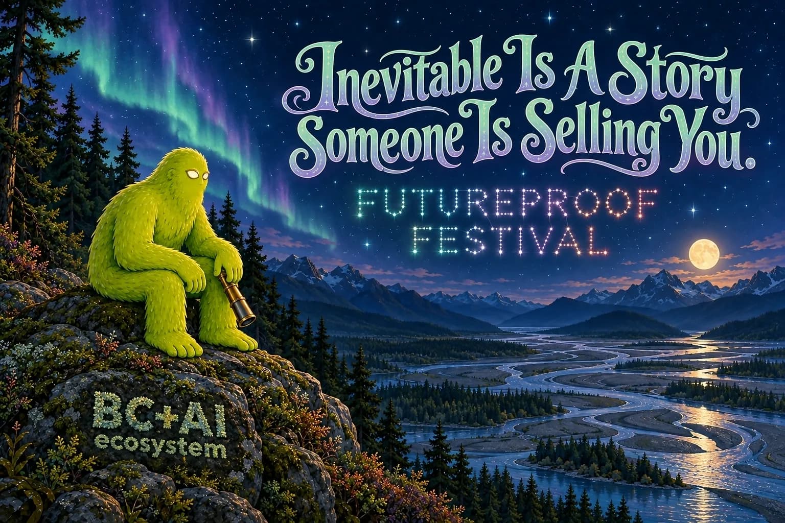 Hand-painted Futureproof Festival scene: Squatchie on a bluff at night with a spyglass lowered, looking over a river that splits into many channels, the line "Inevitable Is A Story Someone Is Selling You." lettered into the picture and the festival name drawn as a constellation in the sky