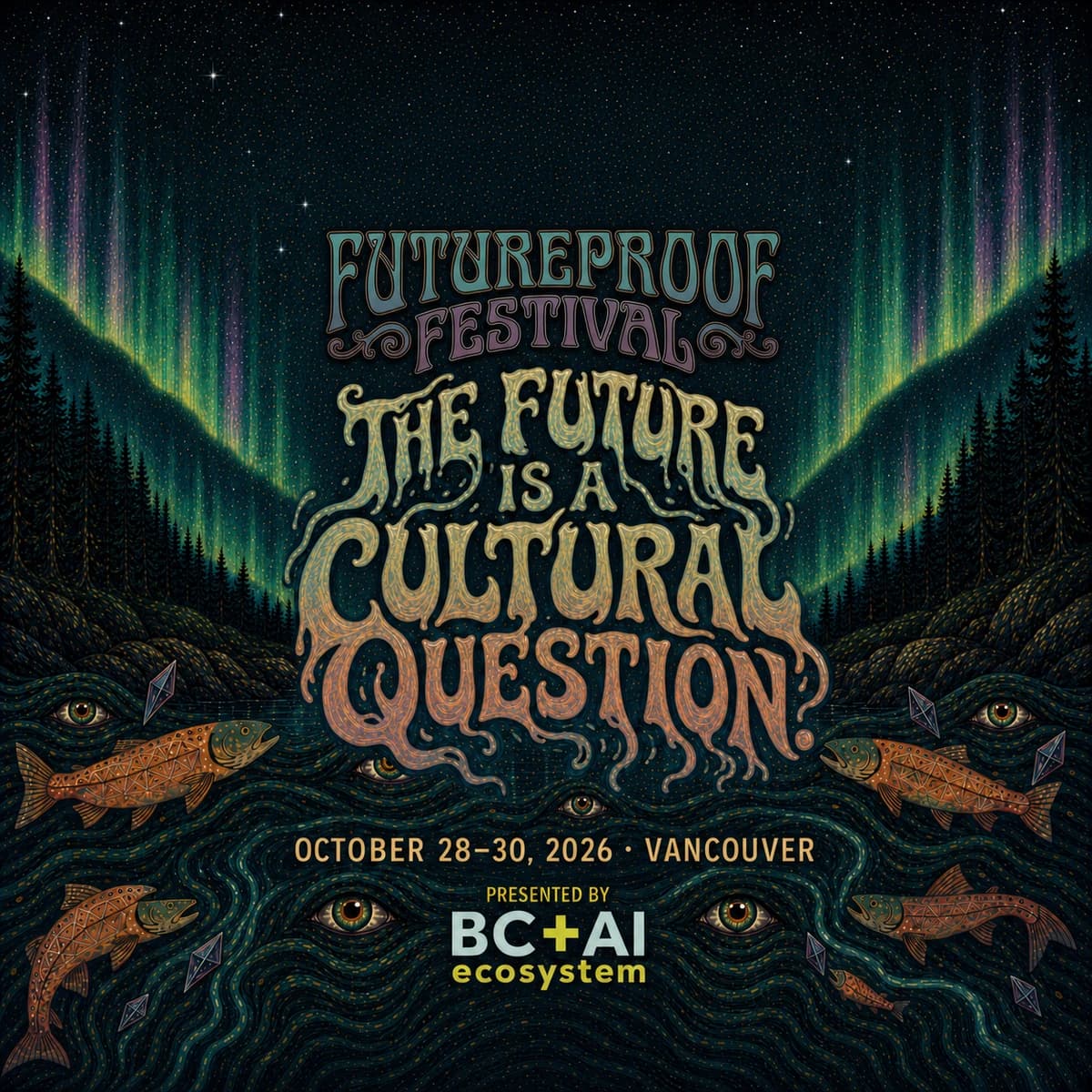 Hand-painted Futureproof Festival poster reading "The Future Is a Cultural Question." over an aurora above a forested shoreline with salmon and painted eyes along the water