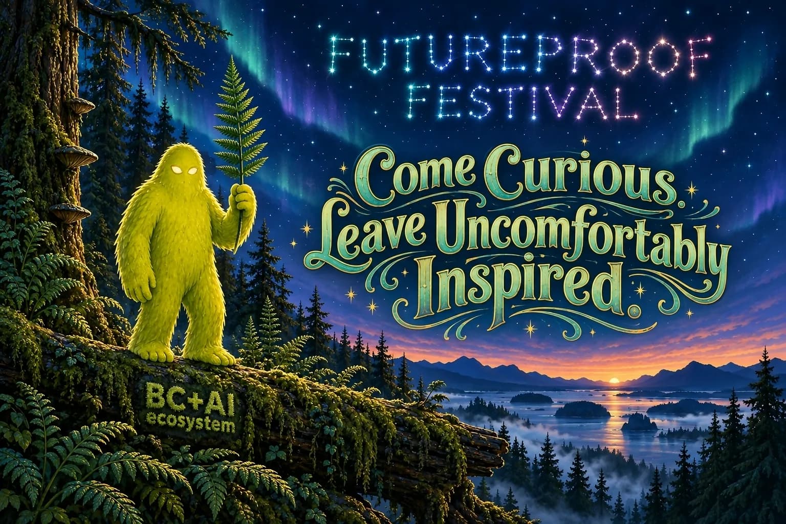 Hand-painted Futureproof Festival scene: Squatchie on a mossy nurse log at blue hour, holding up a sword fern, the line "Come Curious. Leave Uncomfortably Inspired." lettered into the picture and the festival name drawn as a constellation in the sky