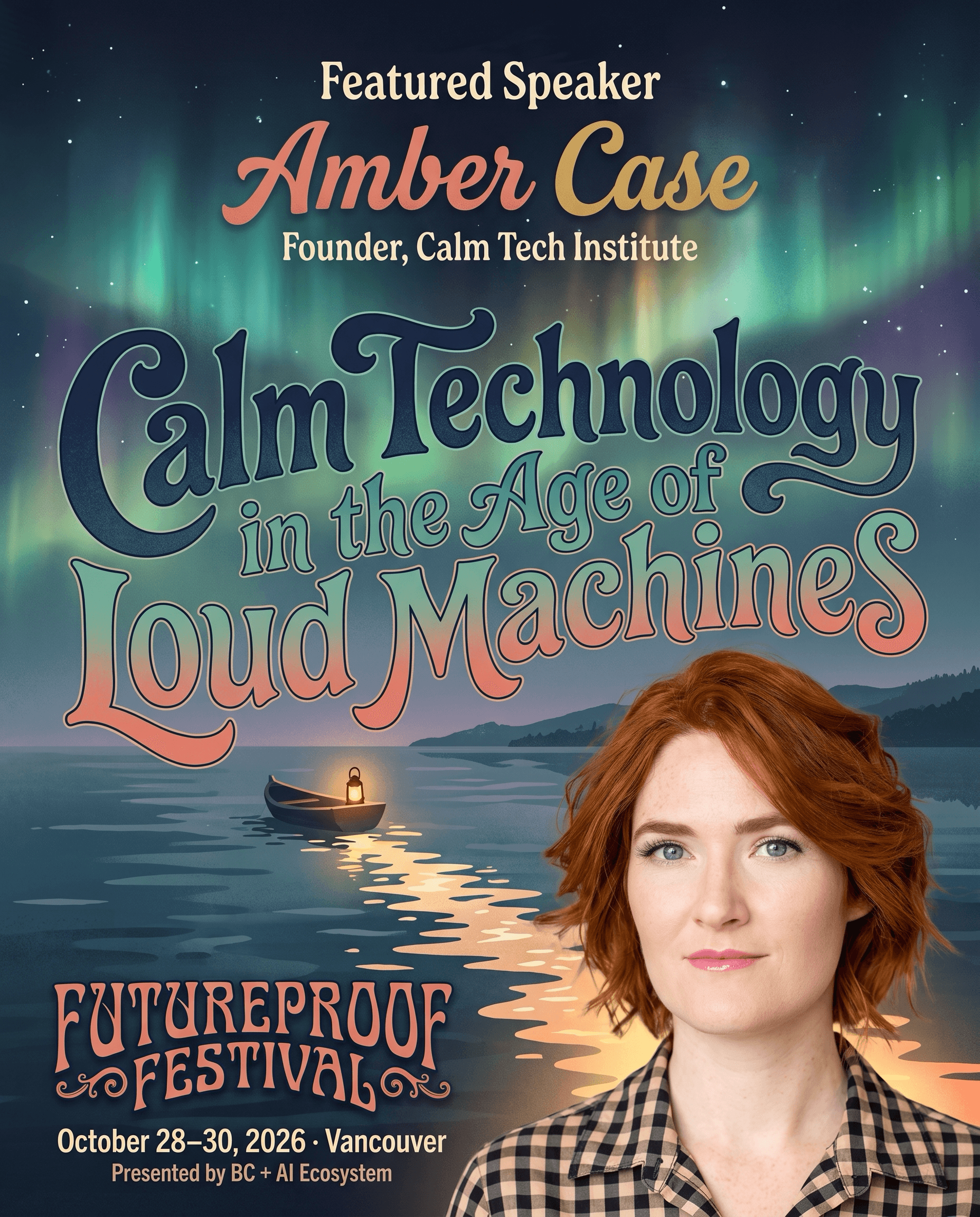 Illustrated Futureproof Festival featured speaker card for Amber Case, in portrait format. Type across the top reads "Featured Speaker, Amber Case, Founder, Calm Tech Institute", above hand-lettered wording, "Calm Technology in the Age of Loud Machines". An aurora fills the starry sky over a lake where a lantern-lit canoe drifts. Amber's photograph sits in the lower right, and the FUTUREPROOF FESTIVAL lockup with "October 28–30, 2026 · Vancouver" and "Presented by BC + AI Ecosystem" sits in the lower left.