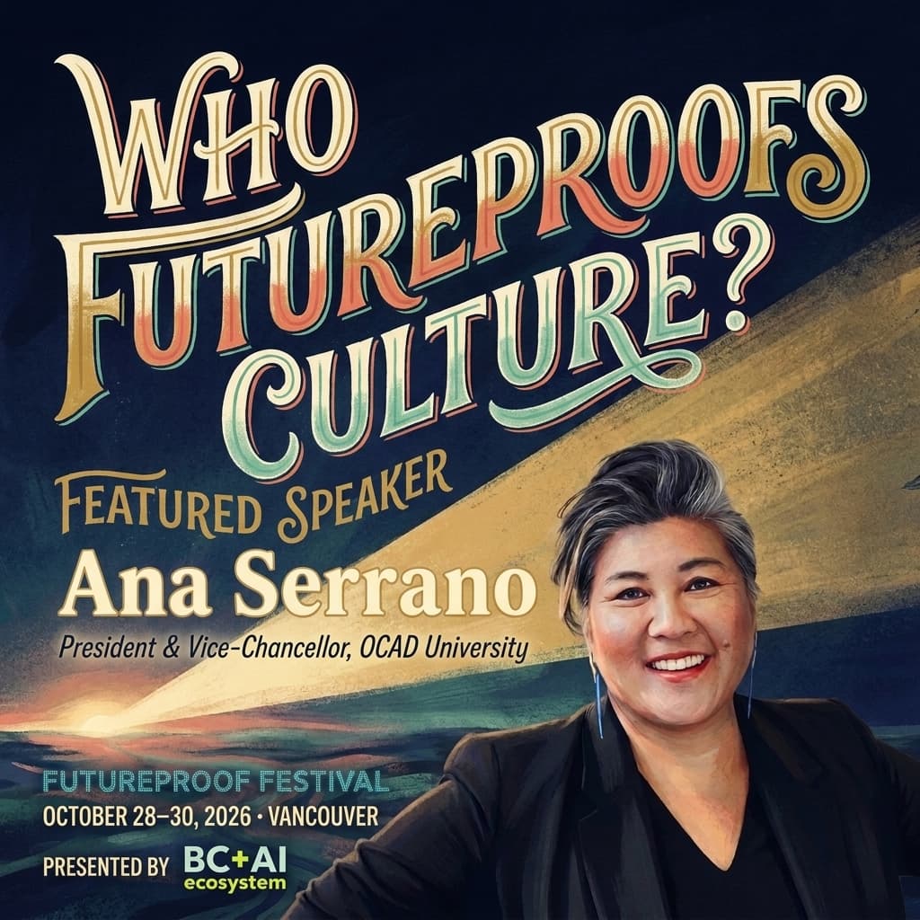 Illustrated Futureproof Festival featured speaker card for Ana Serrano in a cultural technology landscape.