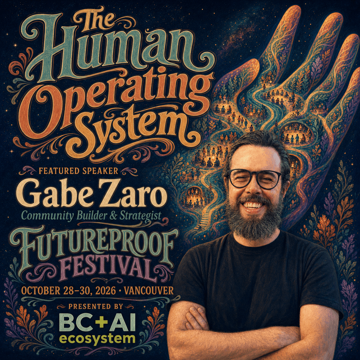 Illustrated Futureproof Festival featured speaker card for Zaro with a community gathering around a fire.