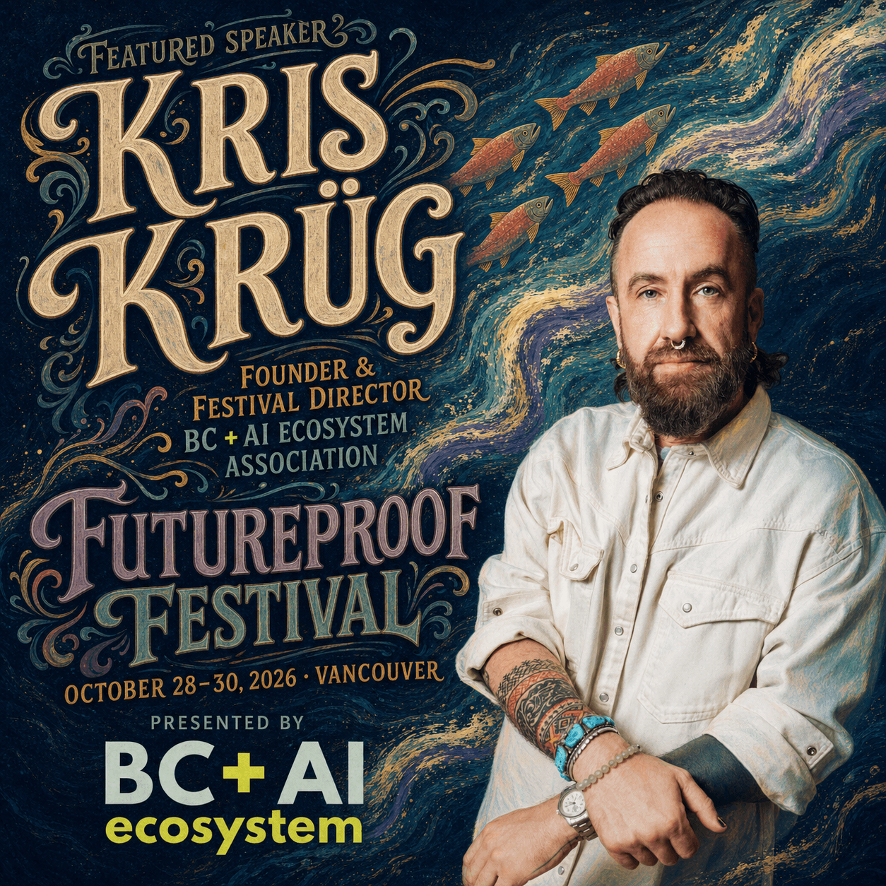Illustrated Futureproof Festival featured speaker poster for Kris Krüg beside salmon swimming through an upstream current.