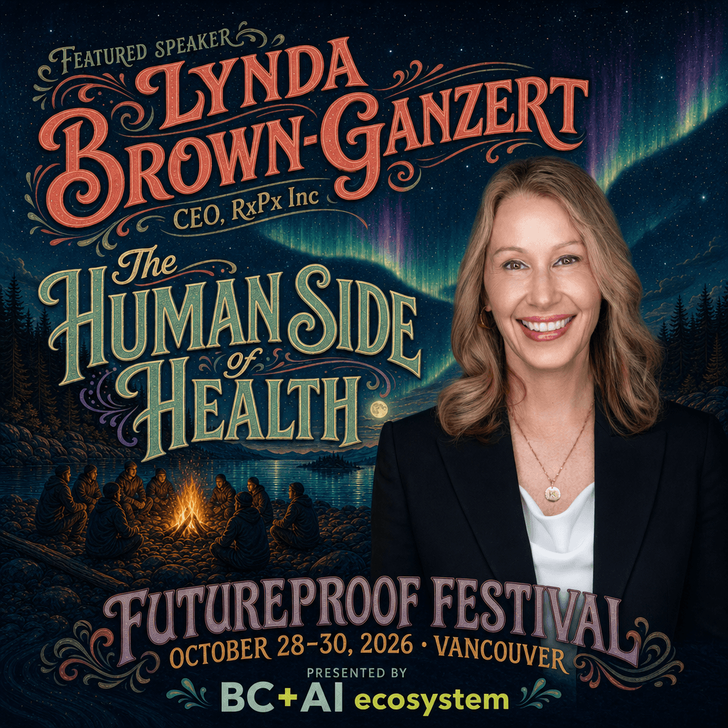 Illustrated Futureproof Festival featured speaker card for Lynda Brown-Ganzert in a digital health landscape.